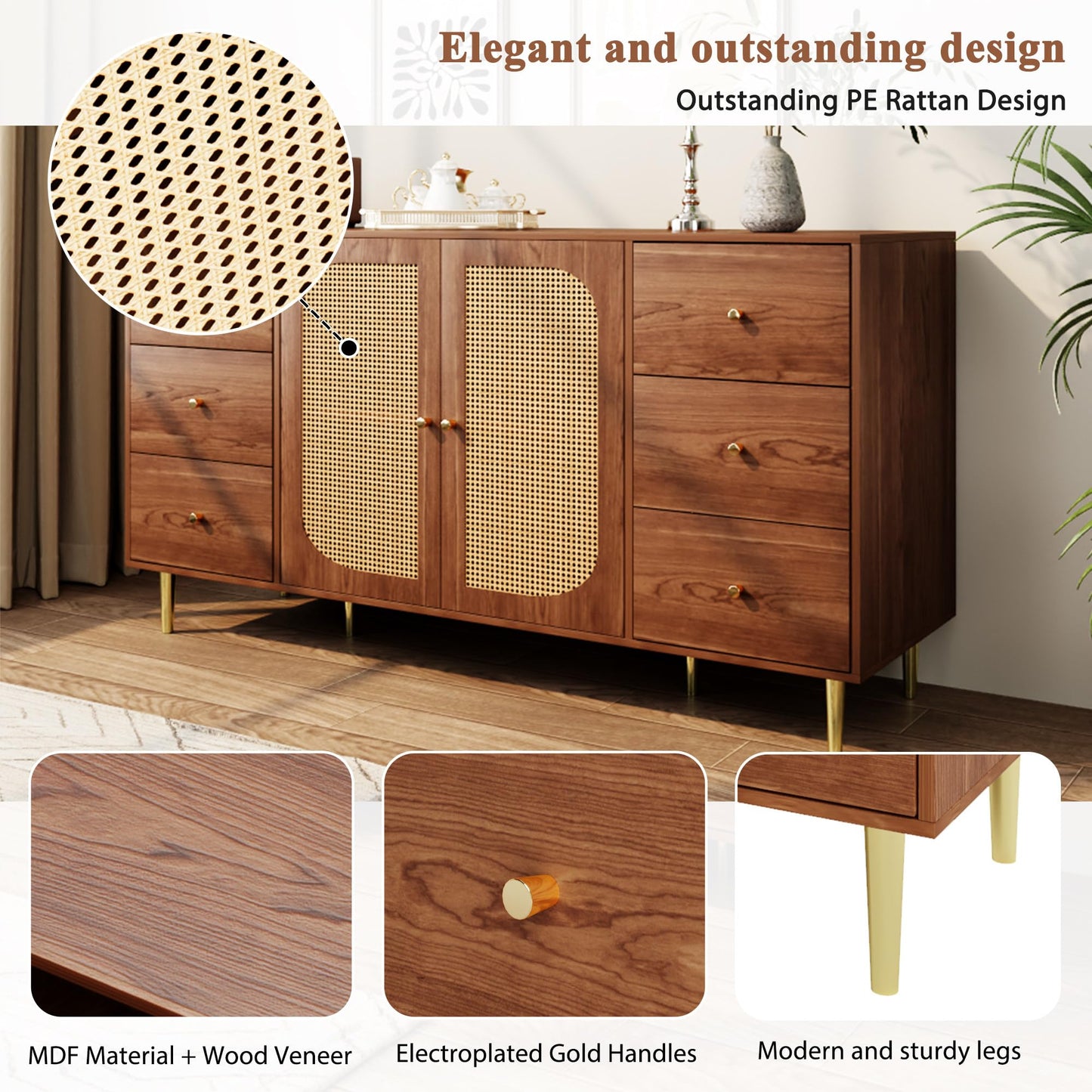 SHUGUANG Buffet Salon Marron, Meuble de Rangement Rétro Élégant en Rotin, Commode pour Chambre à Coucher, avec 3 Tiroirs et 2 Portes, Meuble en Bois Indépendant, Buffet de Cuisine, 160 x 40 x 90 cm