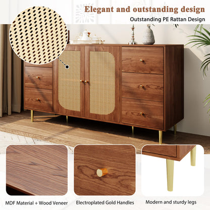 SHUGUANG Buffet Salon Marron, Meuble de Rangement Rétro Élégant en Rotin, Commode pour Chambre à Coucher, avec 3 Tiroirs et 2 Portes, Meuble en Bois Indépendant, Buffet de Cuisine, 160 x 40 x 90 cm