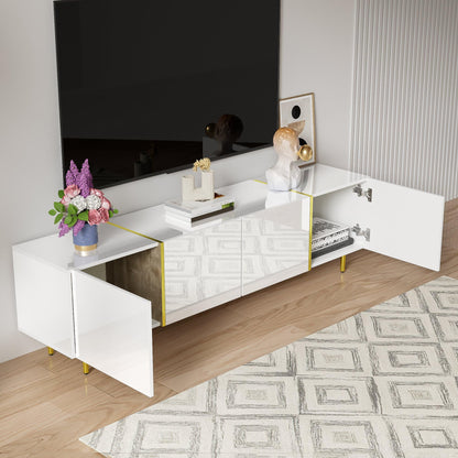Meuble TV Moderne et Simple, 170 cm Banc TV Brillant avec Quatre Portes, Accents Dorés, Console Multimédia TV pour Les TV jusqu'à 70", Grand Espace de Rangement, Meuble Salon, Facile à Assembler