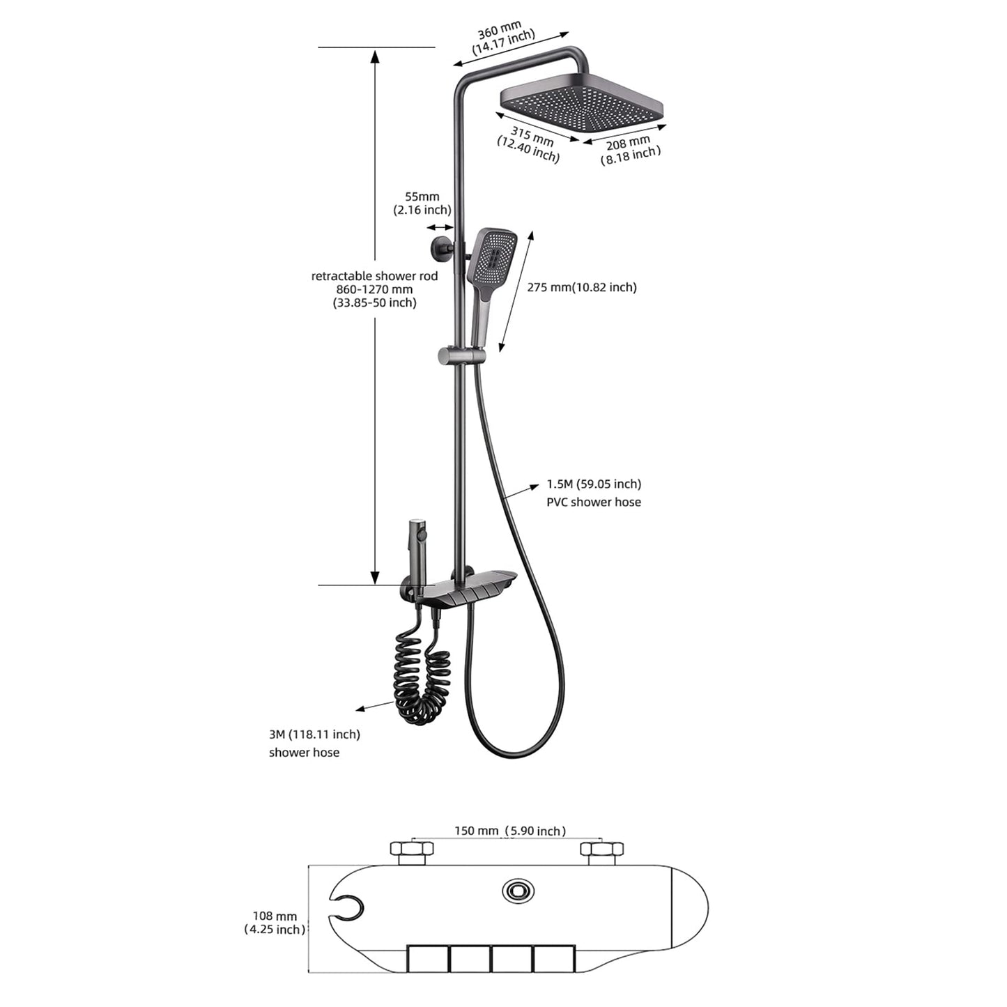 Noir Colonne de Douche Thermostatique, Système de Douche Piano Mural Ensemble de Douche Réglable en Hauteur Set de Douche avec Mitigeur,3 Modes Douchette,12 Pouces Douche de Tête