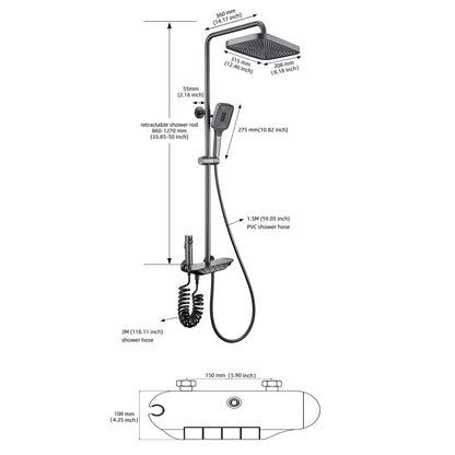 Noir Colonne de Douche Thermostatique, Système de Douche Piano Mural Ensemble de Douche Réglable en Hauteur Set de Douche avec Mitigeur,3 Modes Douchette,12 Pouces Douche de Tête
