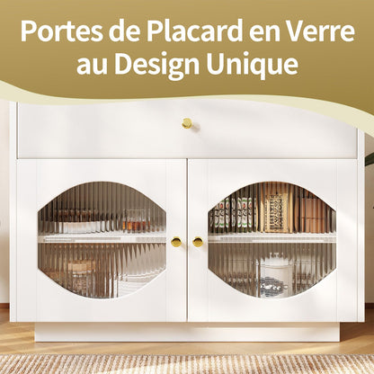 Sideboard Mit Glastür, Küchenschrank Mit Schublade aus PU-Leder, Kommode Modern, Mehrzweckschrank für Wohnzimmer, Esszimmer, Hohe Tragfähigkeit, 100 x 90.5 x 40 cm (B/H/T)