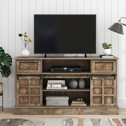 Meuble TV 150 cm Longueur Banc TV Gris Marron avec 2 Portes Coulissantes, 9 Compartiments de Rangement, 2 Tiroirs, Éclairage LED 16 Couleurs, Style Ferme Rétro en Grain de Bois pour TV Jusqu'à 60"
