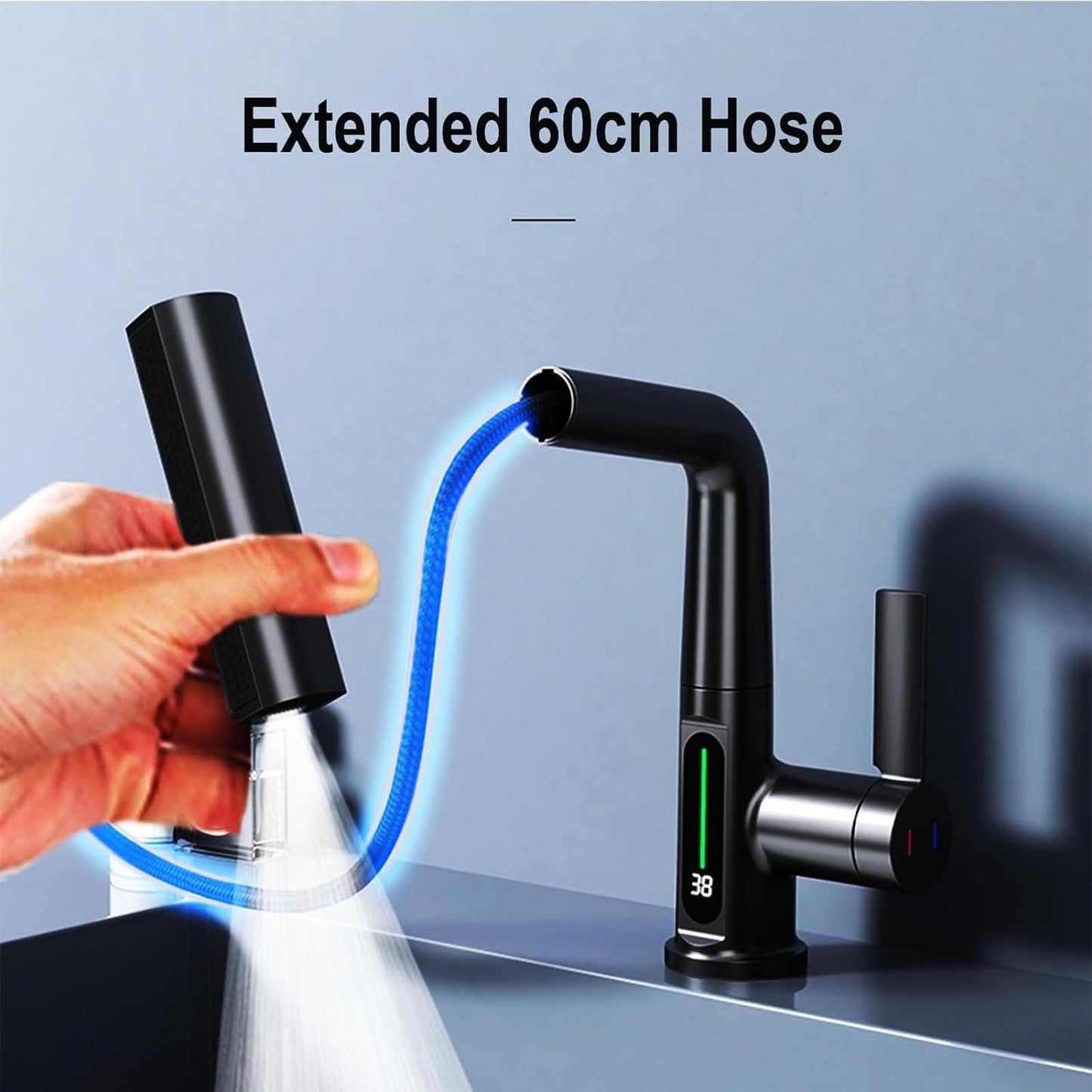 Robinet de Cuisine avec Douchette Extensible, Digital Affichage de la Température LED, Robinetterie Cuisine de Rotatif à 360°, 3 Modes Mitigeur d'Évier pour Lavabo Bains, Hauteur Réglable