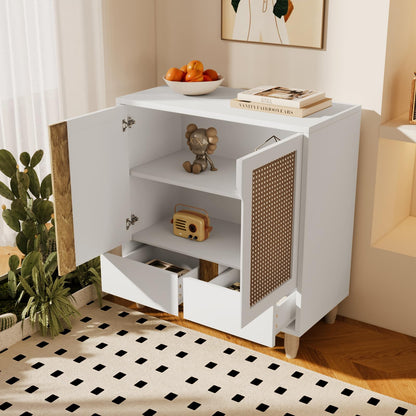 Buffet,meuble de cuisine rangement,Buffet en bois blanc，Buffet avec 2 portes et 2 tiroirs,Buffet avec pieds en bois massif et porte imitation rotin，Meuble de rangement entrée salle à manger 80 x 40 x