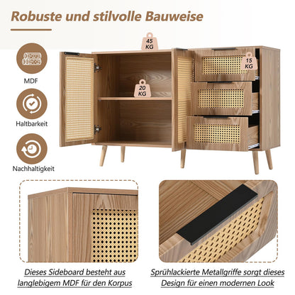 Meuble de Rangement, Buffet de Cuisine avec 2 Portes et 3 Tiroirs, Armoire de Salon Conception de Tissage en Rotin, Étagère Rangement Étagères Réglables, Poignée en Métal Peint, 120x38x78cm