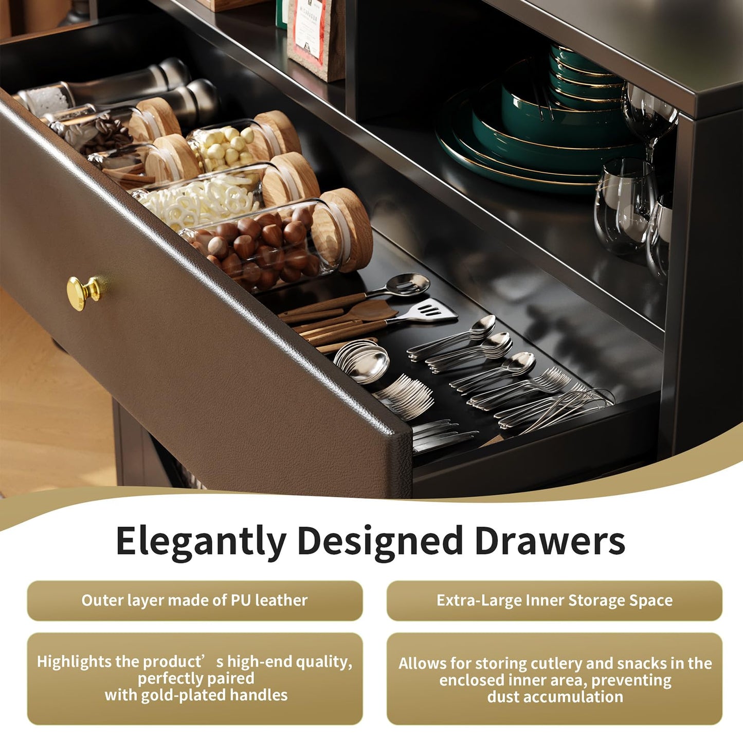 Peiaw Buffet, Meuble de Cuisine, Meuble de Rangement,Buffet Noir Moderne, Commode,Compartiment de Rangement Ouvert,Buffet avec Porte vitrée,Buffet avec 2 Portes et 1 tiroir,100×40×90.5cm