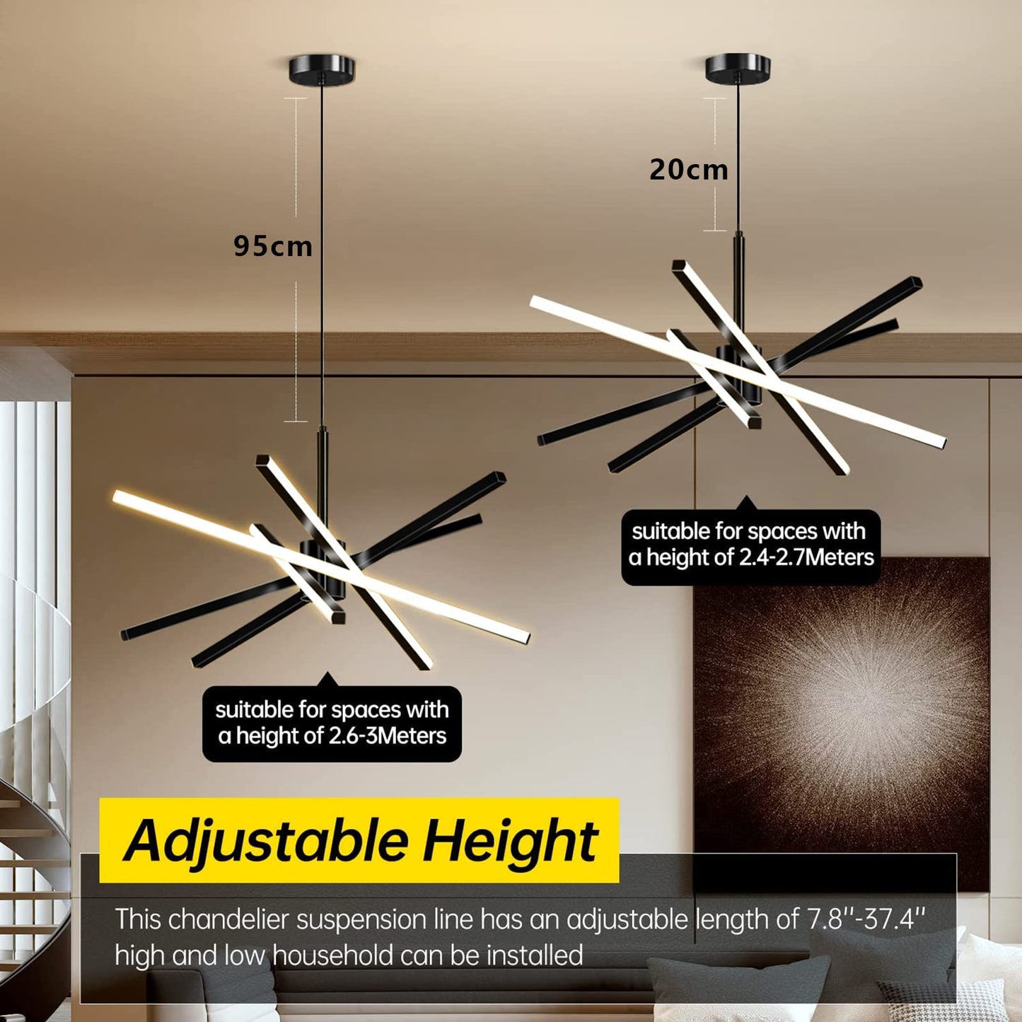 Suspension LED,82W LED Plafonnier Dimmable,Moderne LED Lustre Acrylique Design Lampe salon Lustres Chambre avec Télécommandée,Lustre Réglable en Hauteur,pour Cuisine Salle Manger Lampes
