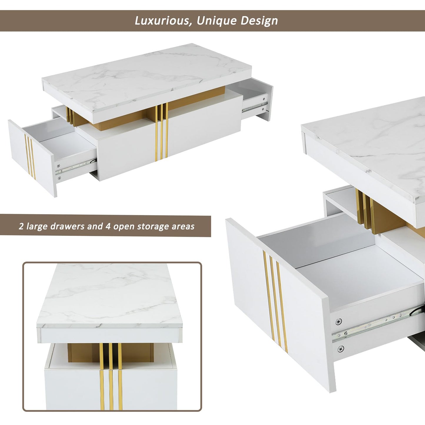 Peiaw Table Basse,Table Basse Salon,Table Basse en marbre Blanc,Table Basse rectangulaire Moderne,Table Basse avec 2 tiroirs en Bois,Bordure dorée métallisée sur Le côté,Table Basse 100 x 50 x 40cm