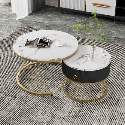 Table Basse,table basse ronde blanc,Lot de 2 Tables Basses de Salon Gigognes avec tiroirs, table de salon moderne aspect marbre et structure en acier doré, table de salon 70x70x45cm et 50x50x40cm