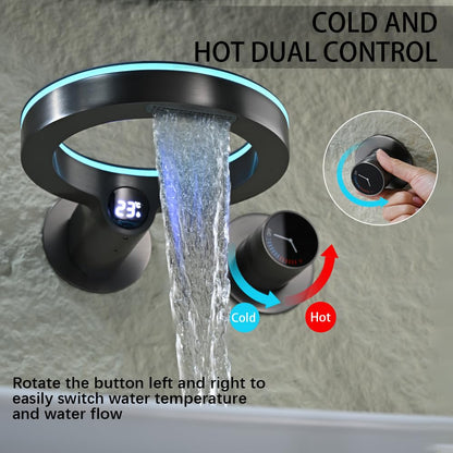 Robinet Lavabo, Gris Pistolet Robinet Mural Affichage de La Température LED Robinet Salle Bain eau Chaude et Froide Mitigeur Salle de Bain Robinet Cascade Mural Salle de Bain