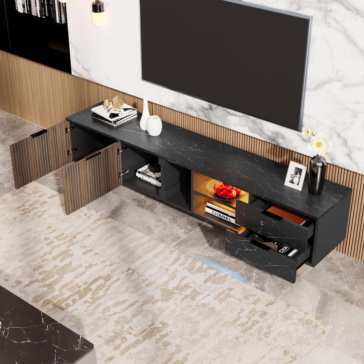 Meuble TV LED Banc TV Moderne Aspect Marbre Noir, Portes en Grain de Bois Foncé, Meuble Télé avec Lumières LED Réglables, Table TV avec Deux Portes et Deux Tiroirs, Adapté pour Robot Aspirateur Marque : SHUGUANG