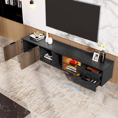 Meuble TV LED Banc TV Moderne Aspect Marbre Noir, Portes en Grain de Bois Foncé, Meuble Télé avec Lumières LED Réglables, Table TV avec Deux Portes et Deux Tiroirs, Adapté pour Robot Aspirateur Marque : SHUGUANG