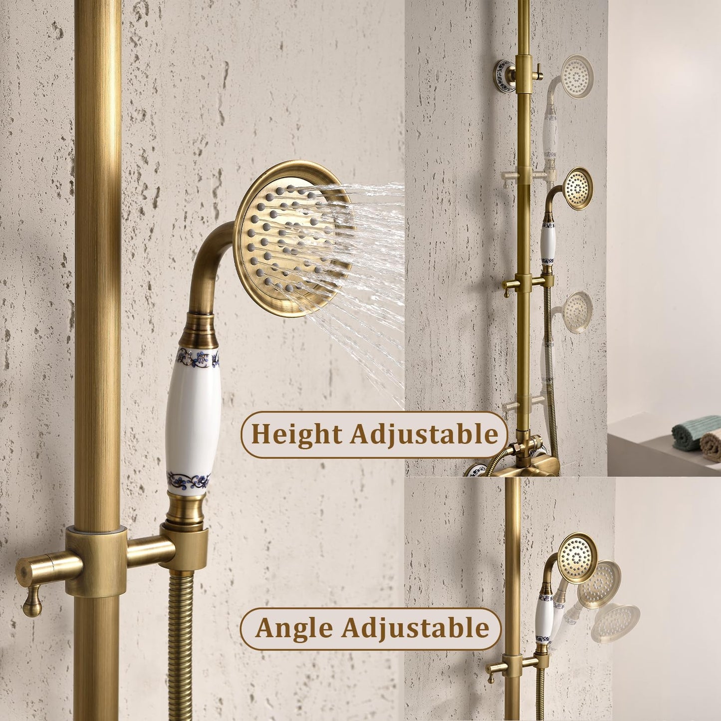 Colonne de Douche Rétro avec Mitigeur, Système de Douche Laiton Antique Ensemble de Douche Montage Mural Set de Douche avec Rotatif 20 cm Tête de Douche, Douchette à Mains