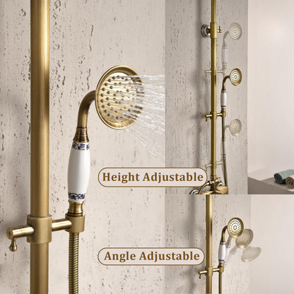 Colonne de Douche Rétro avec Mitigeur, Système de Douche Laiton Antique Ensemble de Douche Montage Mural Set de Douche avec Rotatif 20 cm Tête de Douche, Douchette à Mains