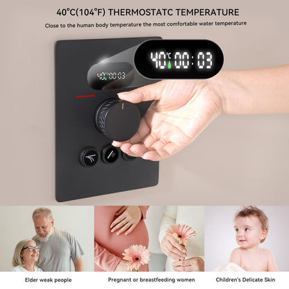 OihPaw Ensemble de Douche Encastré Colonne Douche Thermostatique Noir Système de Douche avec Affichage Numérique LED, 32CM Cascade et Pluie Tête de Douche Rond
