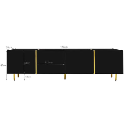Meuble TV Moderne et Simple, 170 cm Banc TV Brillant avec Quatre Portes, Accents Dorés, Console Multimédia TV pour Les TV jusqu'à 70", Grand Espace de Rangement, Meuble Salon, Facile à Assembler