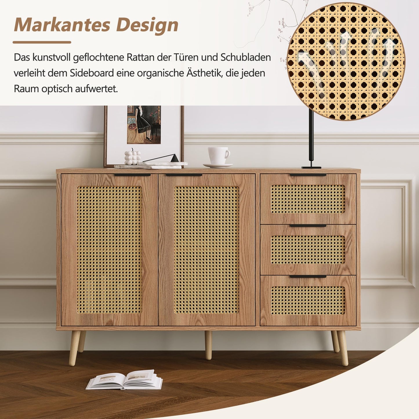 Buffet Vintage Rotin Style Bohème Bahut avec 2 Portes et 3 Tiroirs, Équipé de Poignées Noires, Armoire de Style Maison de Campagne pour Salle à Manger, Cuisine, Entrée, Salon (Bois Naturel/Noyer)