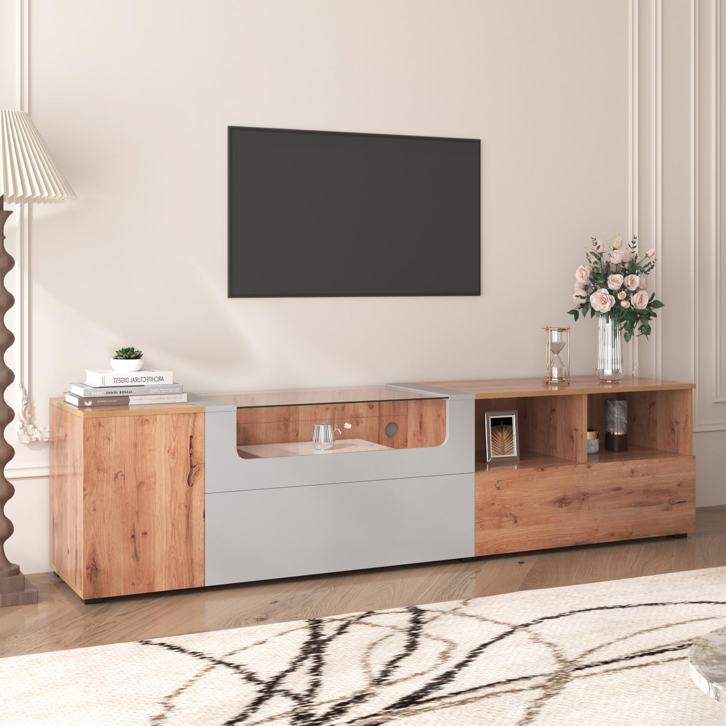 SHUGUANG Meubles TV 190 cm Longueur, Meubles Bas TV, Meubles de Salon Simples dans Les Couleurs Gris et Bois, Banc TV Style Maison de Campagne Naturelle avec Lumières LED à Couleurs Changeantes