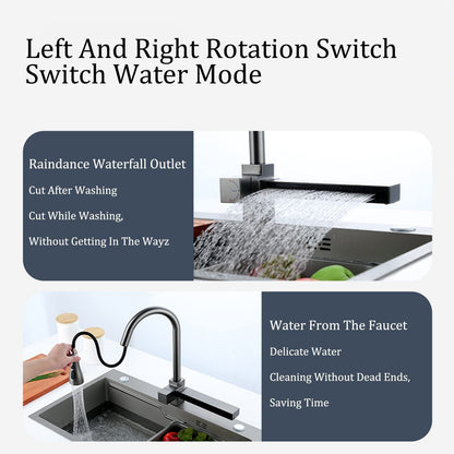 Robinet De Cuisine Cascade, avec Robinet Extractible, 3 Modes De Sortie d'eau, Robinet De Cuisine en Rotatif à 360°, Robinet MéLangeur De Nettoyage De Cascade