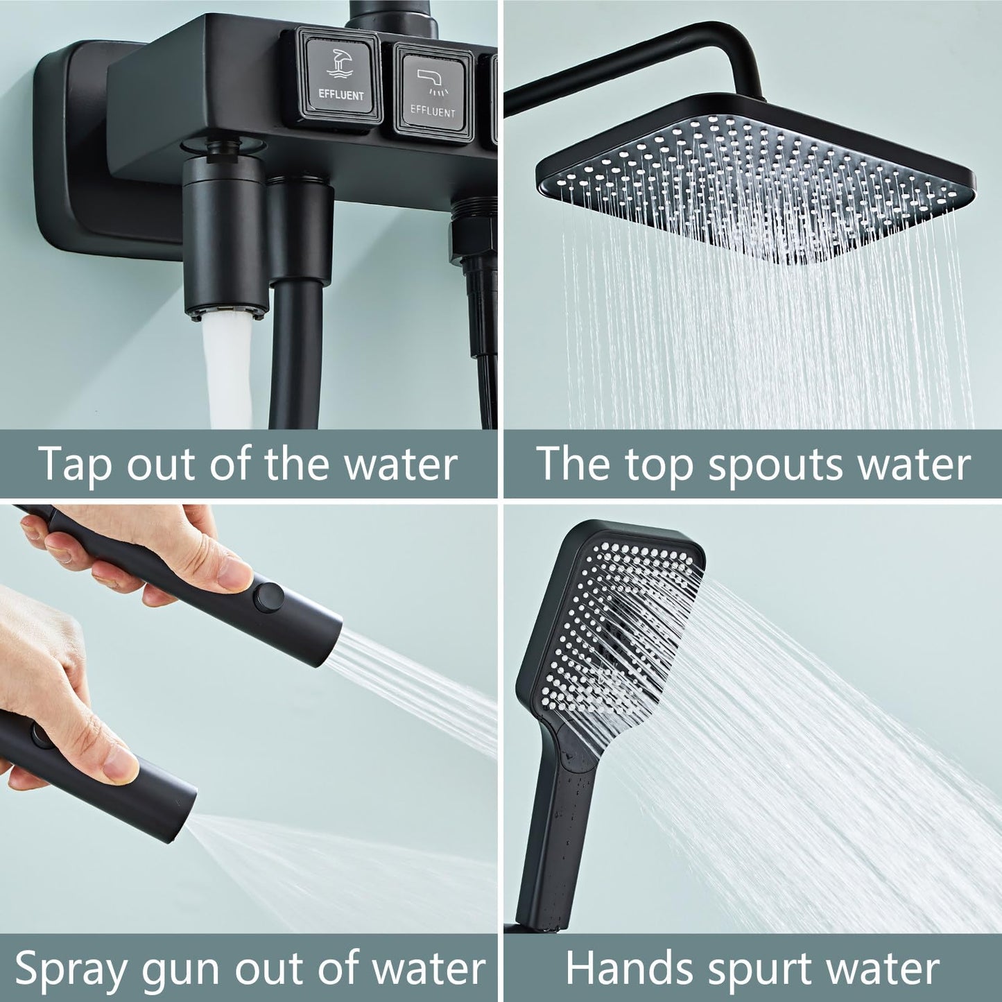 Colonne de Douche Noir, Ensemble de Douche Mural à Boutons 4 Fonctions avec 31.5cm * 21cm Tête de Douche, Douchette à Mains, Robinet de Baignoire, Bidet Pulvérisateur, réglable en Hauteur