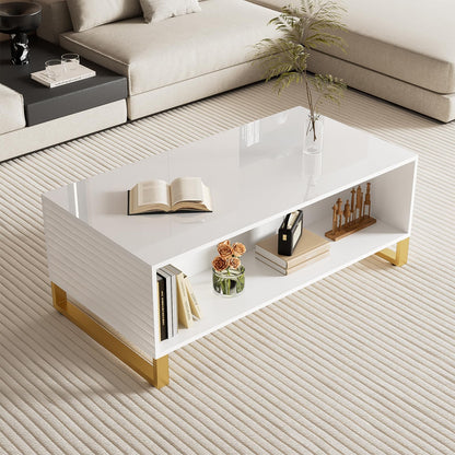 Table basse,Table basse salon,Table basse brillante,Table basse carrée avec tiroirs,équipée de deux portes,Poignées et pieds dorés,avec compartiment de rangement ouvert,Table basse 107x40,5x55 cm