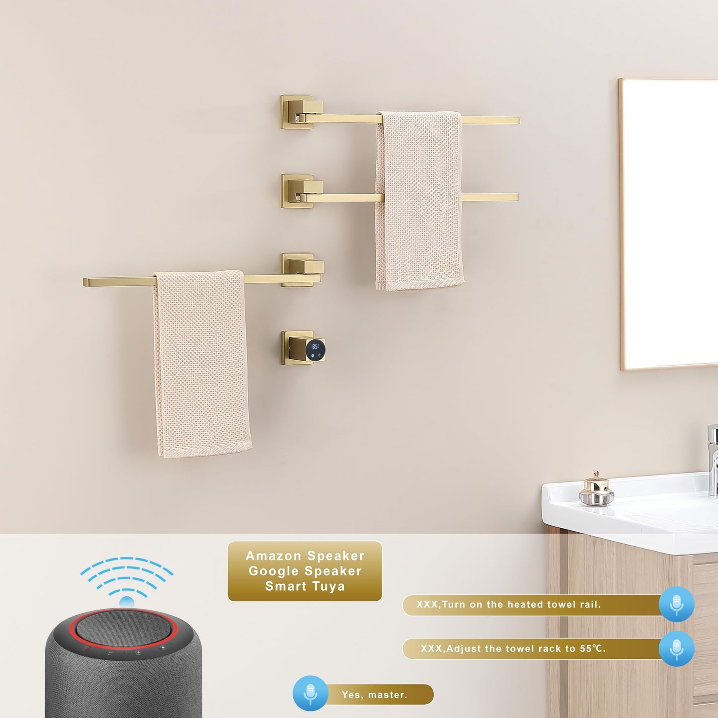 Elektrischer Handtuchtrockner, 60 W Badezimmerheizkörper mit Digitalanzeige, elektrischer Handtuchhalter mit WLAN, 180° drehbarer Handtuchtrockner, Timer, beheizter Handtuchtrockner