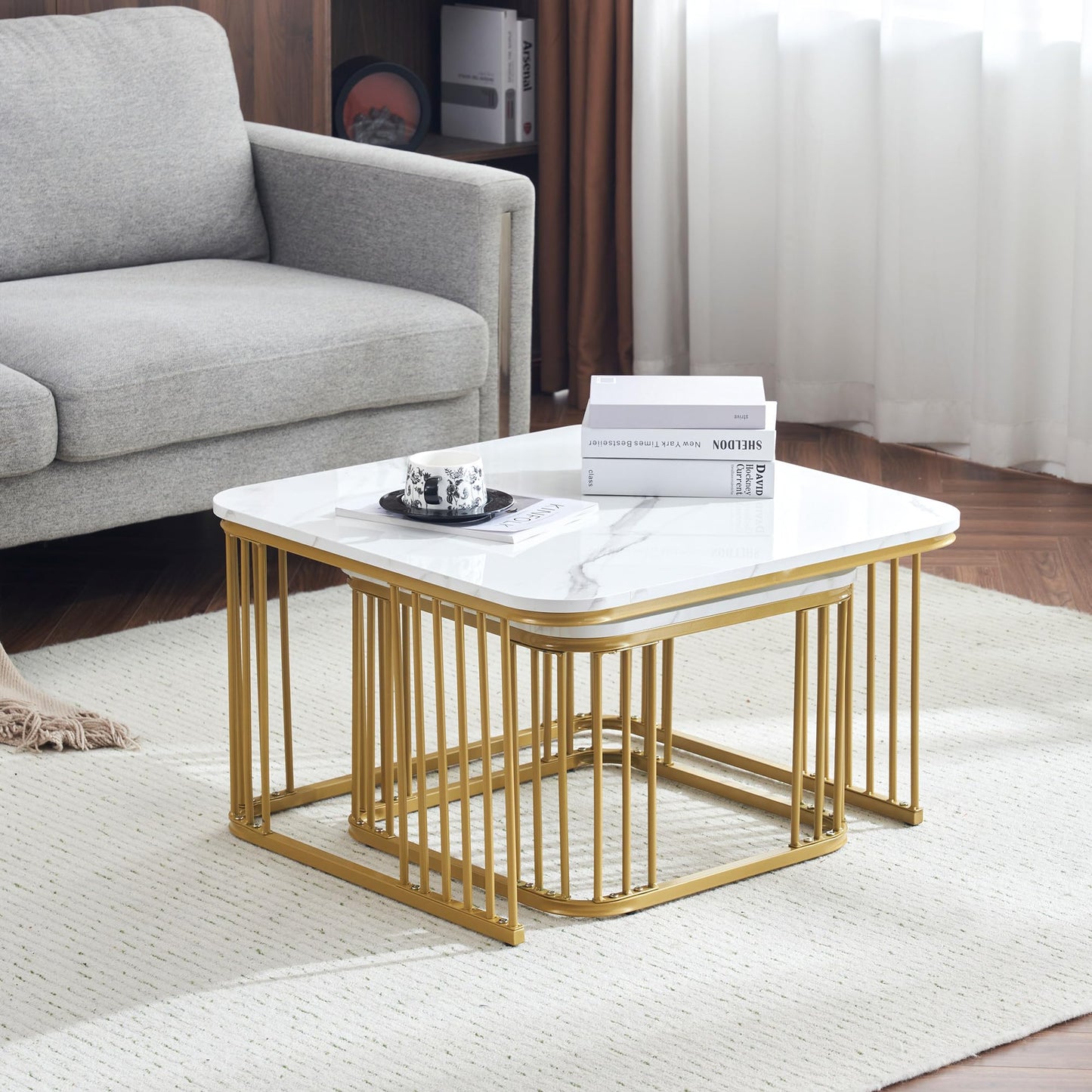 Lot de 2 Tables Basses Gigognes Carré, Tables Basse Empilable Aspect Marbre, Table Basse Salon Chambre avec Cadre en Métal, Polyvalent Tables Bassee pour Bureau, Appartement
