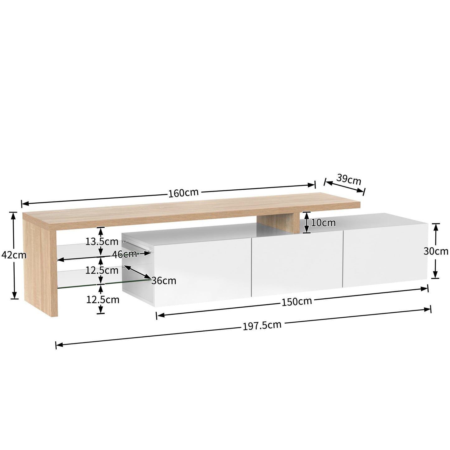 SHUGUANG Meuble TV 200 cm Longueur Meuble TV de Salon Moderne Élégance, Banc TV avec Étagères en Verre, Éclairage LED, Meuble TV Aspect Bois, Espace de Rangement Pratique, Brillant, 197,5x39x42cm