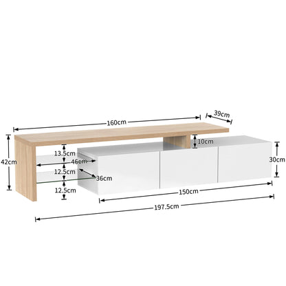 SHUGUANG Meuble TV 200 cm Longueur Meuble TV de Salon Moderne Élégance, Banc TV avec Étagères en Verre, Éclairage LED, Meuble TV Aspect Bois, Espace de Rangement Pratique, Brillant, 197,5x39x42cm