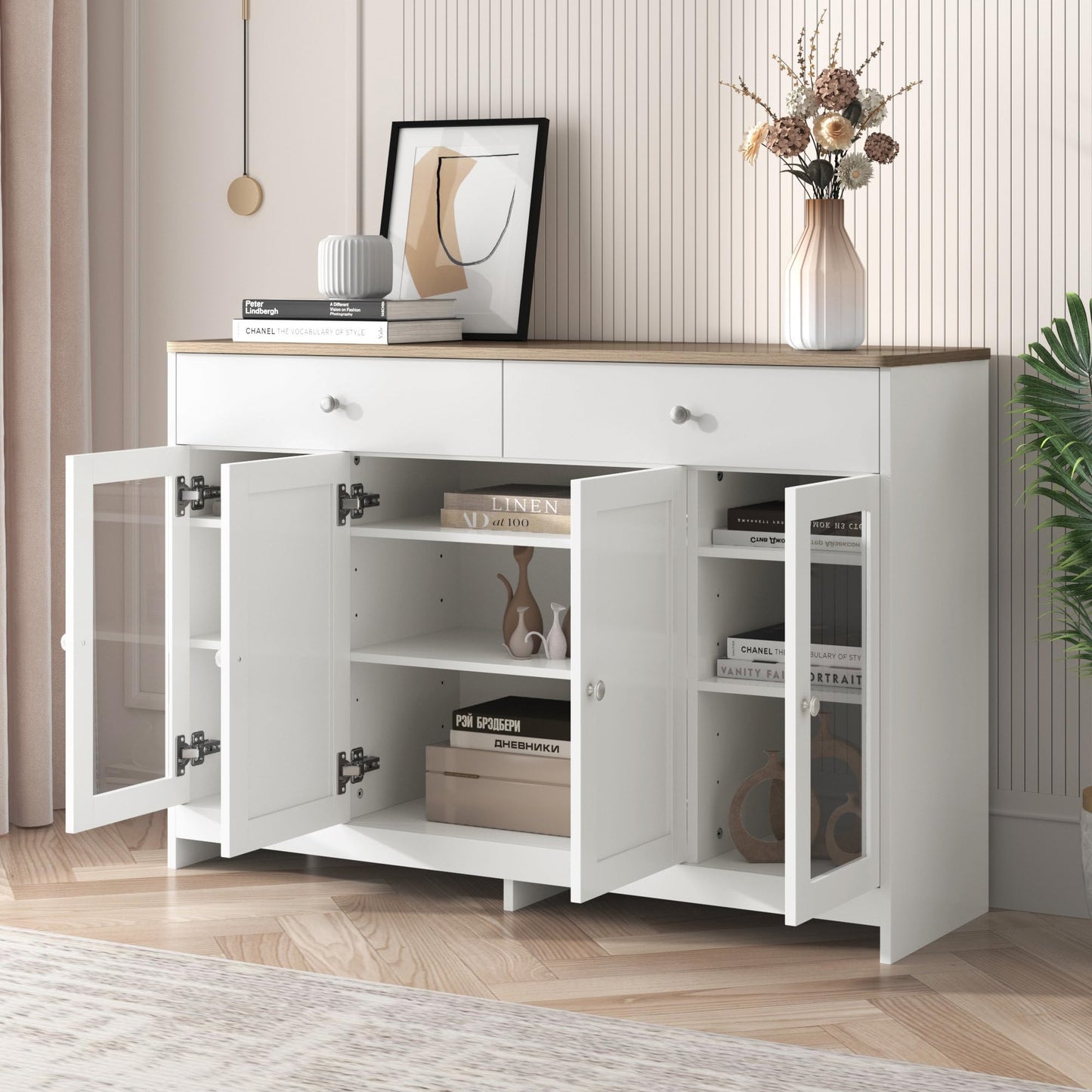 SHUGUANG 120 x 37 x 80 cm Bahut de Salle a Manger Blanc, Buffet Moderne avec 2 Tiroirs et 2 Portes D'armoire et 2 Porte D'armoire Vitrée, Armoire de Salon pour Cuisine, Salon, Salle à Manger