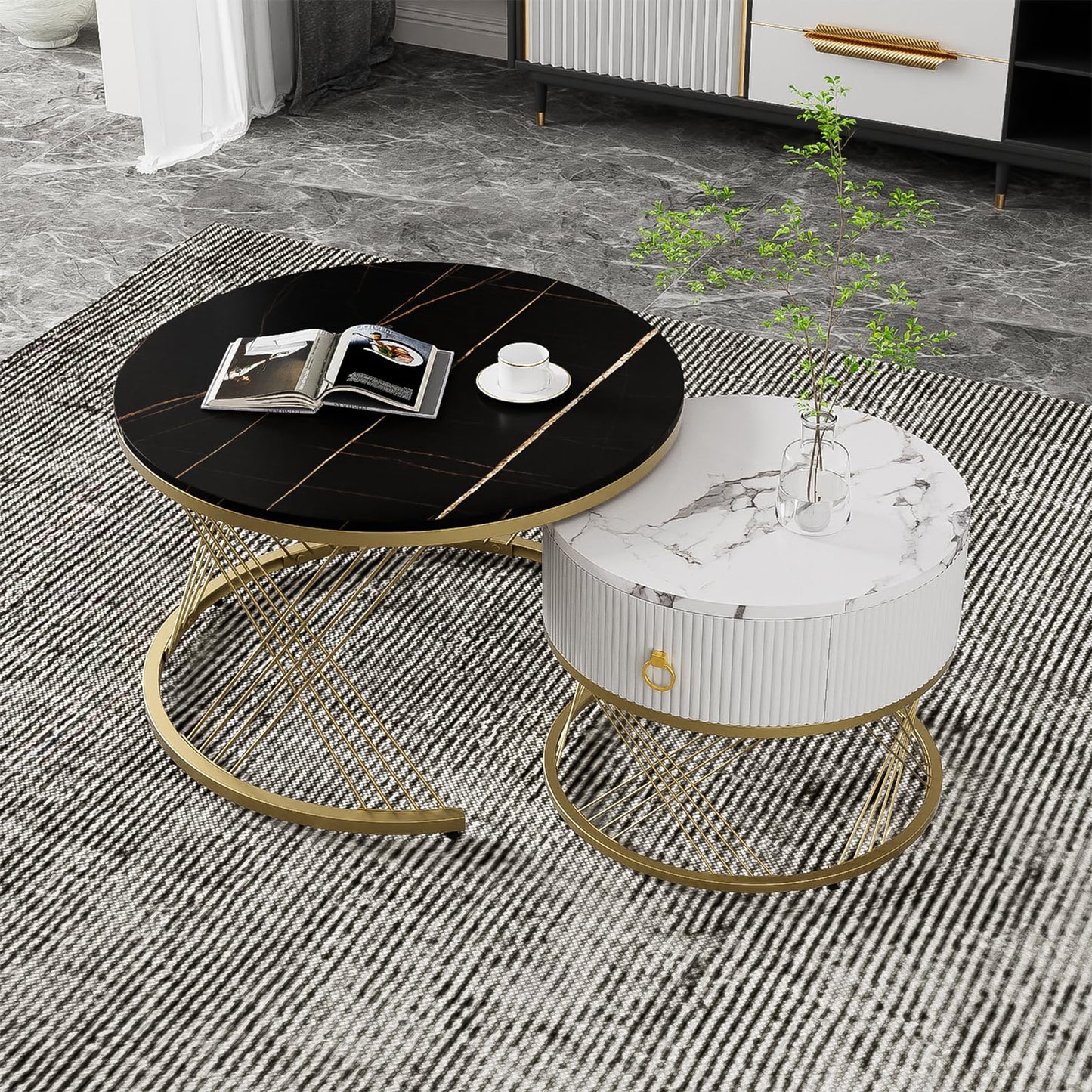 Table Basse,table basse ronde noir,Lot de 2 Tables Basses de Salon Gigognes avec tiroirs, table de salon moderne aspect marbre et structure en acier doré, table de salon 70x70x45cm et 50x50x40 cm