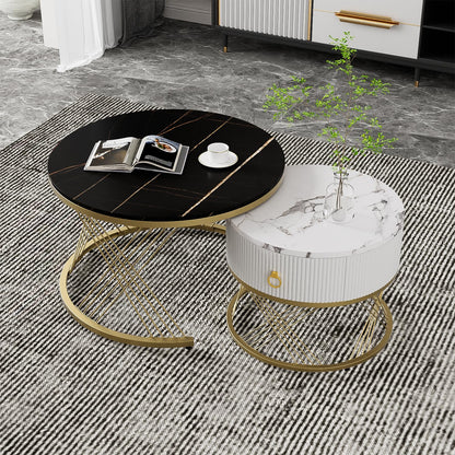 Table Basse,table basse ronde noir,Lot de 2 Tables Basses de Salon Gigognes avec tiroirs, table de salon moderne aspect marbre et structure en acier doré, table de salon 70x70x45cm et 50x50x40 cm