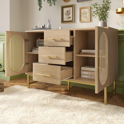 Buffet,Meuble de Rangement,Armoires de cuisine,Buffet avec 3 tiroirs et 2 portes en rotin, étagères réglables,Commode avec poignées et pieds en métal,Protection anti-basculement,120 x 40 x 74 cm