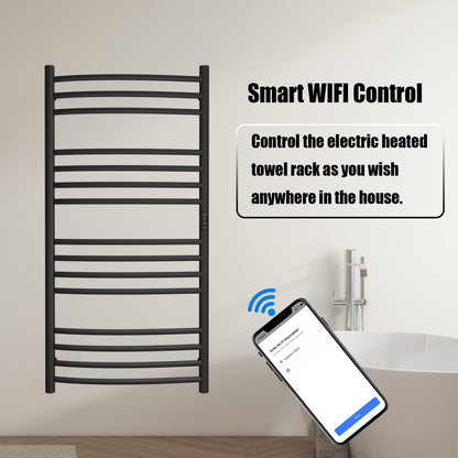 Sèche-Serviette Électrique Noir,185 W Chauffe-Serviettes 1100×600 mm WiFi Intelligent Porte-Serviettes Chauffant Électrique 15 Barres Courbes Commande Tactile à LED