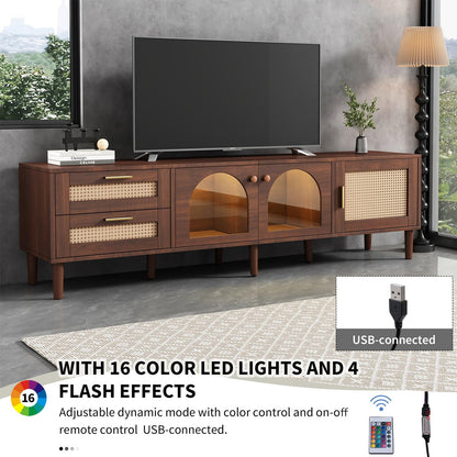 Meuble TV 180cm, Armoire De Télévision Rotin Tressé, Meuble Télé de Salon Convient Aux Téléviseurs de 80 Pouces, Table Télévision 2 Ports de Gestion des Câbles, 2 Portes 2 Tiroirs 4 Étagères Ouvertes
