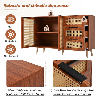 Meuble de Rangement, Buffet de Cuisine avec 2 Portes et 3 Tiroirs, Armoire de Salon Conception de Tissage en Rotin, Étagère Rangement Étagères Réglables, Poignée en Métal Peint, 120x38x78cm