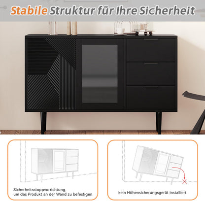 Meuble de Rangement, Buffet Cuisine 2 Portes 3 Tiroirs, Commode Conception sans Poignée, Armoire de Salon Anti-Basculement, Bibliothèque Portes en Verre et Pieds en Métal, 120 x 38 x 79.5cm