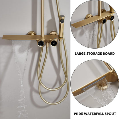 OihPaw Or Brossé Colonne de Douche avec Mitigeur, Système de Douche avec Affichage Numérique LED Ensemble de Douche avec 32 * 20CM Pomme de Douche e Douchette à 3 Modes