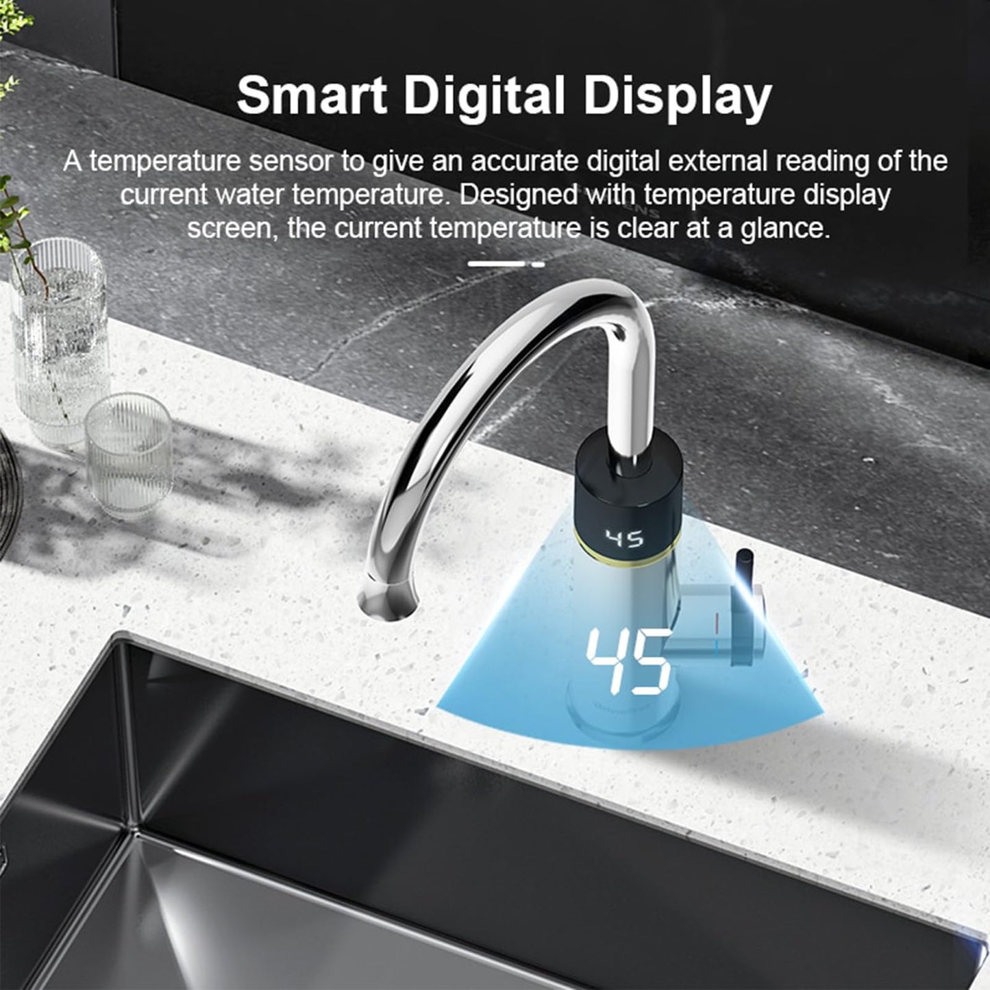 Robinet avec chauffe-eau instantané, 3200 W, robinet de chauffage électrique en acier inoxydable, robinet pivotant à 360°, affichage de la température LCD, mitigeur avec chauffe-eau instantané