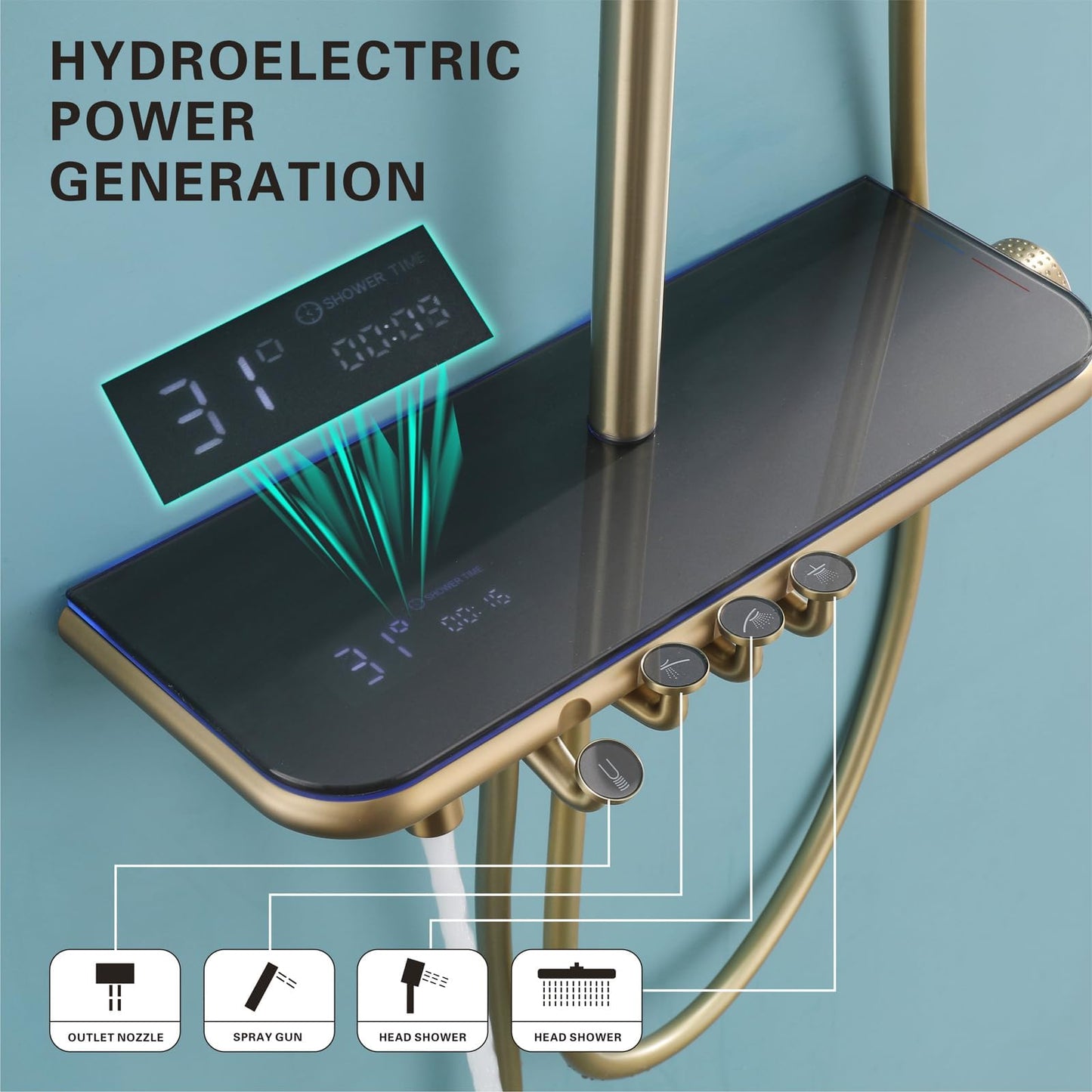 Colonne de Douche Thermostatique, Système de Douche Mural Piano Key avec Affichage numérique LED, Pommeau de Douche 33x22cm avec douchette, Robinet de Bain et douchette de Bidet（Or brossé）