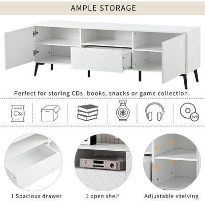 170cm Meuble TV Blanc pour TV 70 pouces, Moderne et Simple Banc TV avec 2 Portes et 1 Tiroir, Séparateurs Internes Réglables, Pieds en Métal Robustes avec Coussinets Souples, Facile à Assembler
