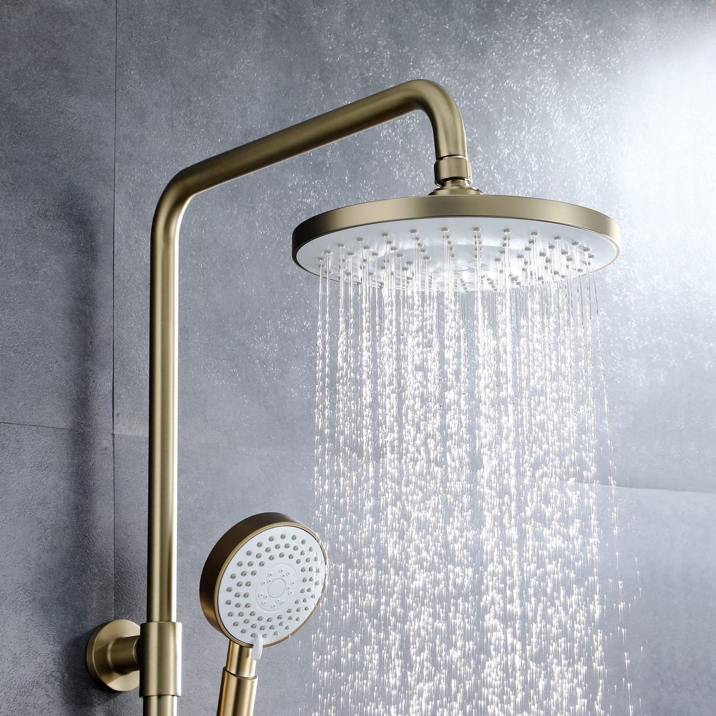 Colonne de Douche Or Brossé Mural Système de Douche avec Mitigeur Set de Douche Réglable en Hauteur Ensemble de Douche Chaude et Froide Kit de Douche, Inclure Tête de Douche 23cm, Douchette 3 Jets