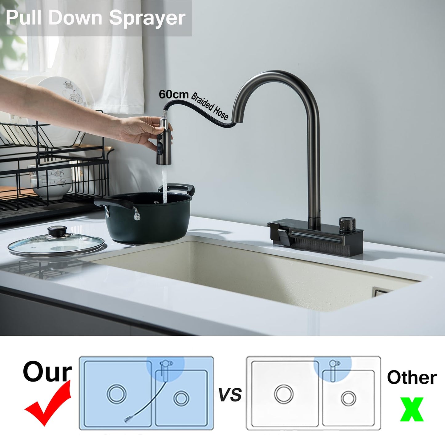Robinet de Cuisine Cascade avec Douchette Extensible, Mitigeur Cuisine Cascade Unique avec Touches Piano et Bouton Rotatif, 4 Modes Robinet d'Évier de Cuisine Pivotant à 360°