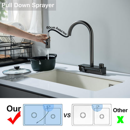 Robinet de Cuisine Cascade avec Douchette Extensible, Mitigeur Cuisine Cascade Unique avec Touches Piano et Bouton Rotatif, 4 Modes Robinet d'Évier de Cuisine Pivotant à 360°