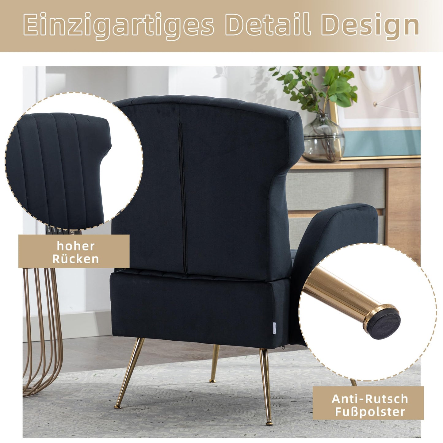 SHUGUANG Fauteuil Confortable Velours, Fauteuil Salon Confortable Chaise Coiffeuse avec Pieds Métalliques Dorés, Forme de Chaise Cigare Chaise de Lecture en Vigueur Chambre à Coucher, Salon