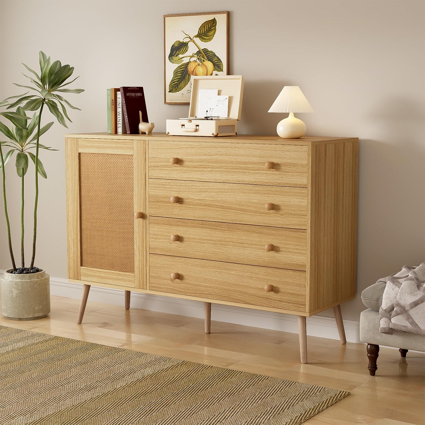 Buffet,meuble de rangement cuisine,Buffet en bois, meuble de rangement multifonctionnel,buffet bas,Commode avec 4 tiroirs et 1 porte en rotin, buffet avec grand espace de rangement 120 x 40 x 83 cm