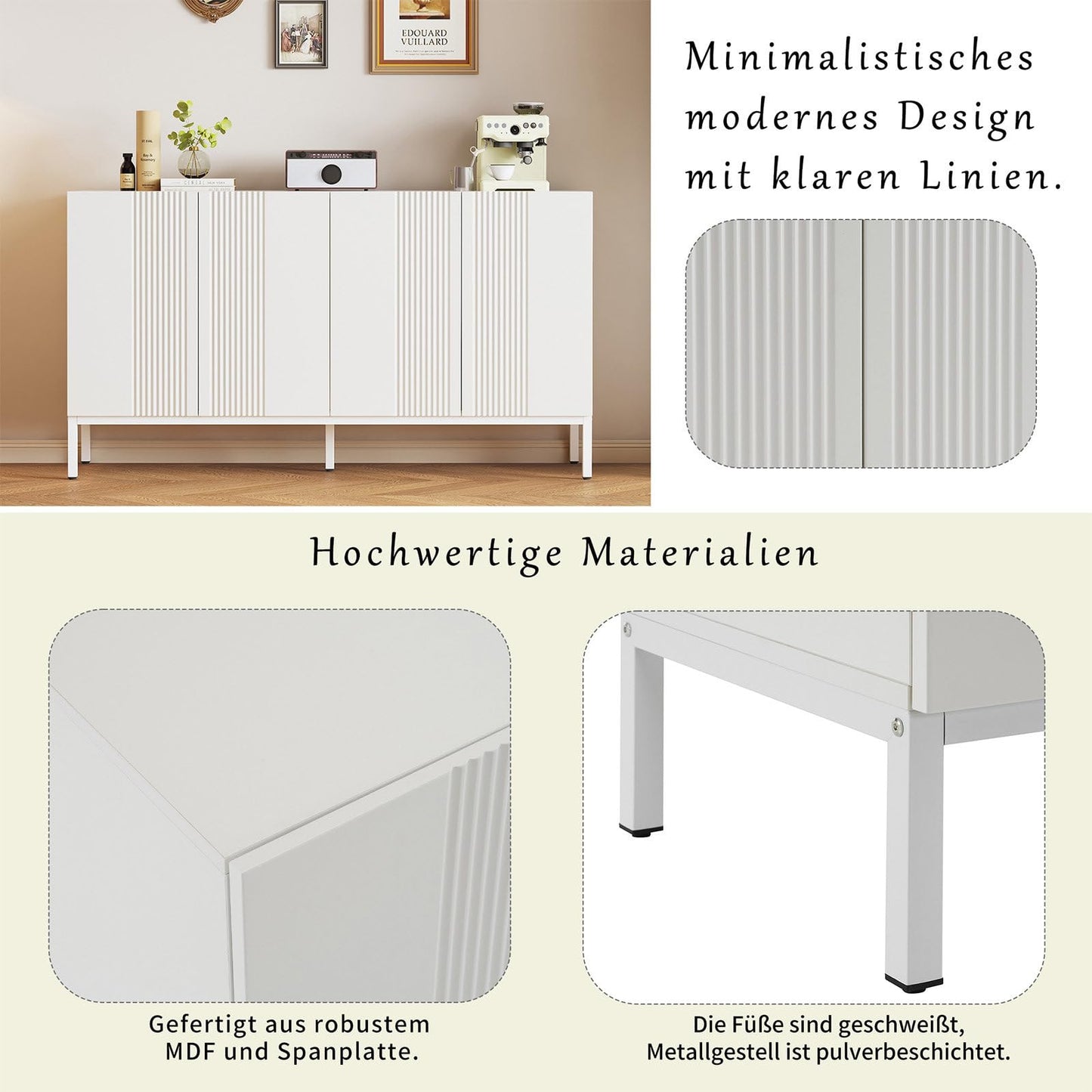 Sideboard mit 4 Türen, Küchenschrank, Mehrzweckschrank für Wohnzimmer, Kommode, 4-türig grifflose Tür, Metallrahmen, Regal Höhenverstellbar, Hohe Tragfähigkeit, 145 x 80 x 41.5 cm (B/H/T)