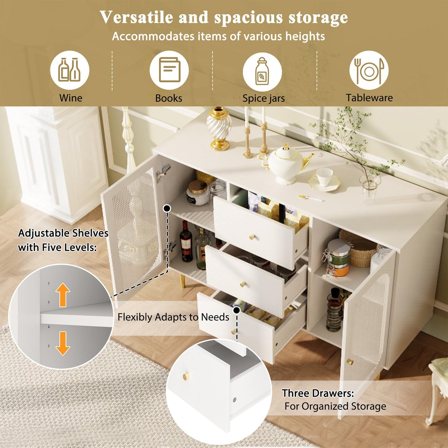 Sideboard, Kommode, Küchenschrank Rattan-Schranktür, Mehrzweckschrank mit 2 Türen und 3 Schubladen, Schubladenschrank Kippschutz, Aufbewahrungsschrank Kratzfeste Oberfläche, 120 x 90 x 40 cm (B/H/T)