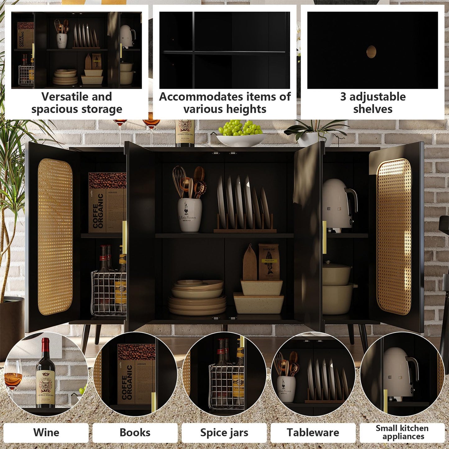 Buffet Cuisine, Meuble de Rangement, Commode 4 Portes, Armoire de Salon Porte D'armoire en Rotin, Bibliothèque Anti-Basculement, Étagères Réglables, Porte Blister, 120 x 89 x 35 cm (L/H/P), Noir